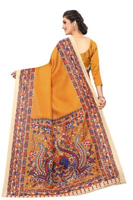 Mustard printed art silk saree with blouse 4