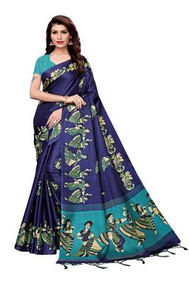 Navy blue printed art silk saree with blouse 1