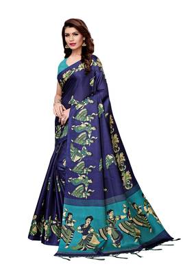 Navy blue printed art silk saree with blouse 2