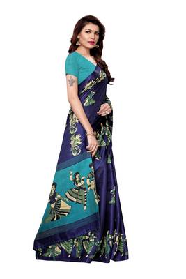 Navy blue printed art silk saree with blouse 3