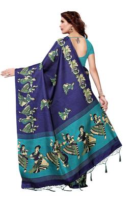 Navy blue printed art silk saree with blouse 4