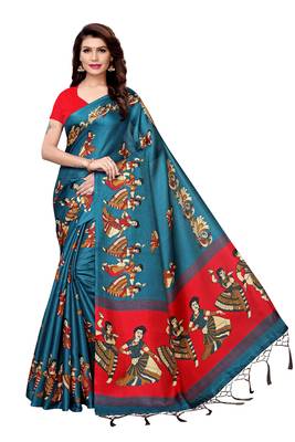 Green printed art silk saree with blouse 1