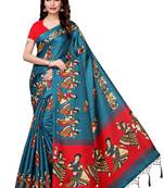 Green printed art silk saree with blouse