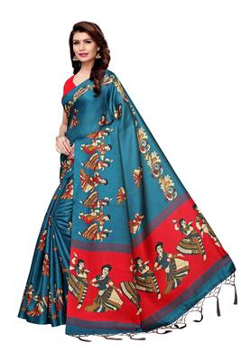 Green printed art silk saree with blouse 2