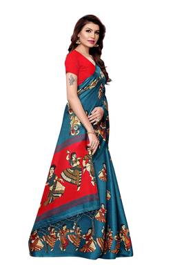 Green printed art silk saree with blouse 3