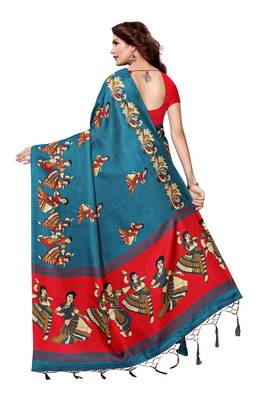Green printed art silk saree with blouse 4