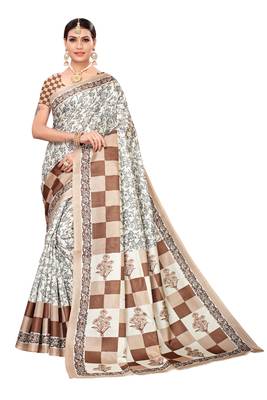 Cream printed art silk saree with blouse 1
