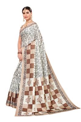 Cream printed art silk saree with blouse 2
