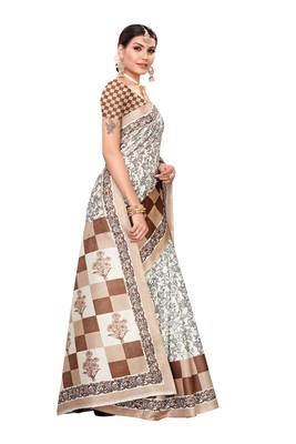 Cream printed art silk saree with blouse 3