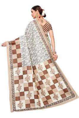Cream printed art silk saree with blouse 4