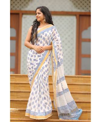 white floral_print cotton saree 1