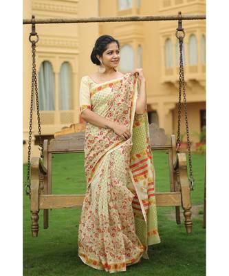 yellow floral_print chanderi_silk saree 1