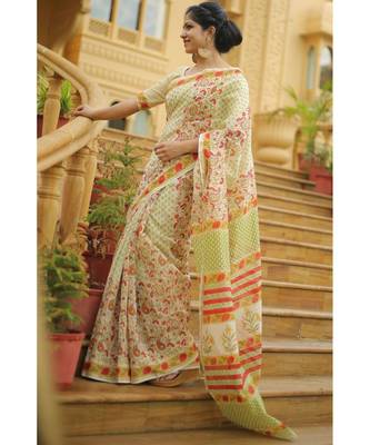 yellow floral_print chanderi_silk saree 2