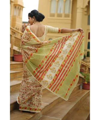 yellow floral_print chanderi_silk saree 3