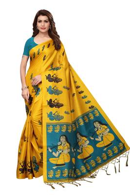 Yellow printed art silk saree with blouse 1