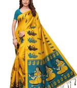 Yellow printed art silk saree with blouse