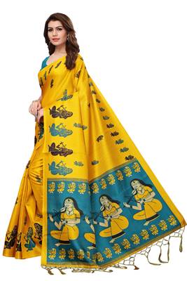 Yellow printed art silk saree with blouse 2