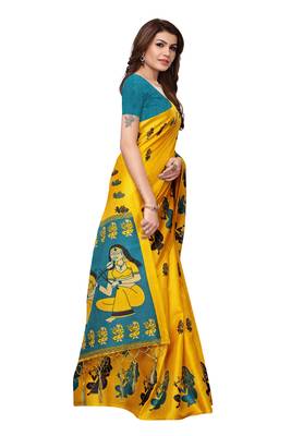 Yellow printed art silk saree with blouse 3