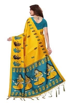 Yellow printed art silk saree with blouse 4