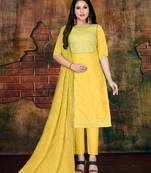 yellow embroidered art silk unstitched salwar with dupatta