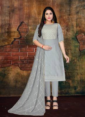 grey embroidered art silk unstitched salwar with dupatta 1