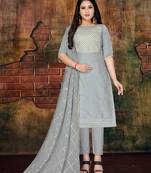 grey embroidered art silk unstitched salwar with dupatta