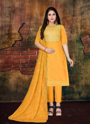 mustard embroidered art silk unstitched salwar with dupatta 1