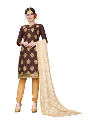 brown embroidered cotton unstitched salwar with dupatta 1