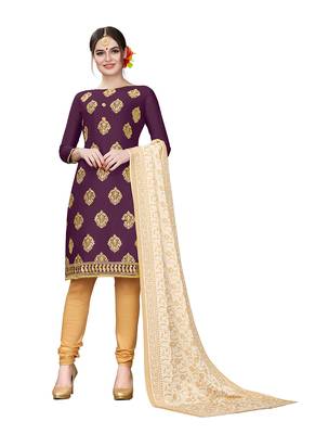 purple embroidered cotton unstitched salwar with dupatta 1