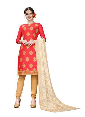 orange embroidered cotton unstitched salwar with dupatta 1