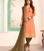 peach embroidered art silk unstitched salwar with dupatta