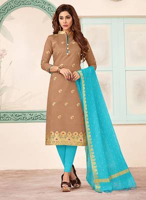 brown embroidered art silk unstitched salwar with dupatta 1