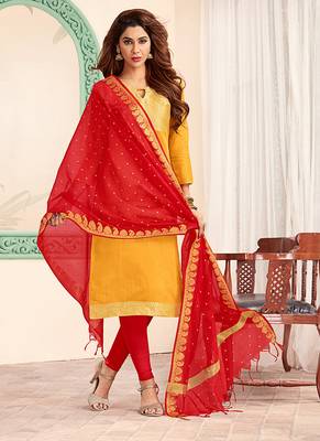 yellow embroidered art silk unstitched salwar with dupatta 1