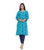Turquoise printed cotton cotton-kurtis