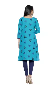 Turquoise printed cotton cotton-kurtis