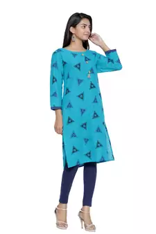 Turquoise printed cotton cotton-kurtis