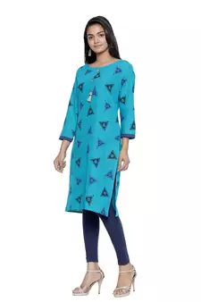 Turquoise printed cotton cotton-kurtis