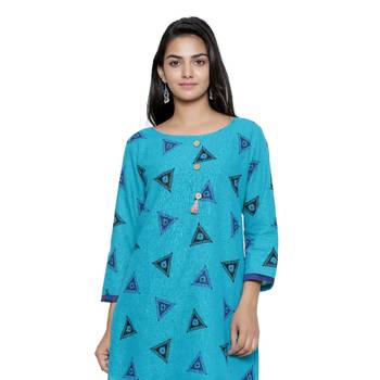 Turquoise printed cotton cotton-kurtis 5