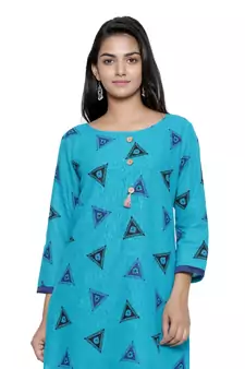 Turquoise printed cotton cotton-kurtis