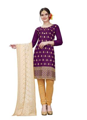 purple embroidered cotton unstitched salwar with dupatta 1