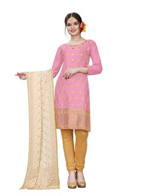 pink embroidered cotton unstitched salwar with dupatta 1