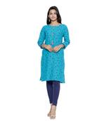 Turquoise printed cotton cotton-kurtis