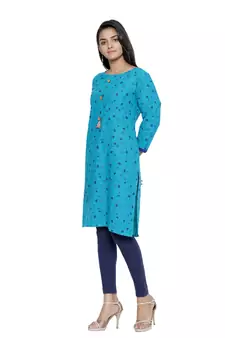 Turquoise printed cotton cotton-kurtis
