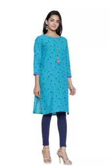 Turquoise printed cotton cotton-kurtis