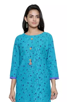 Turquoise printed cotton cotton-kurtis
