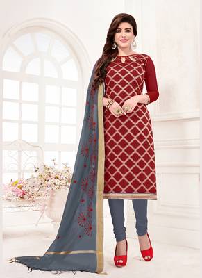 maroon embroidered jacquard unstitched salwar with dupatta 1