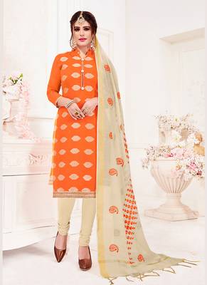 orange embroidered jacquard unstitched salwar with dupatta 1
