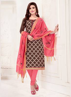 brown embroidered jacquard unstitched salwar with dupatta 1