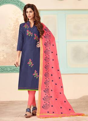 blue embroidered cotton unstitched salwar with dupatta 1