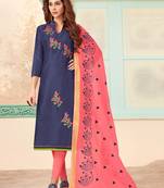 blue embroidered cotton unstitched salwar with dupatta